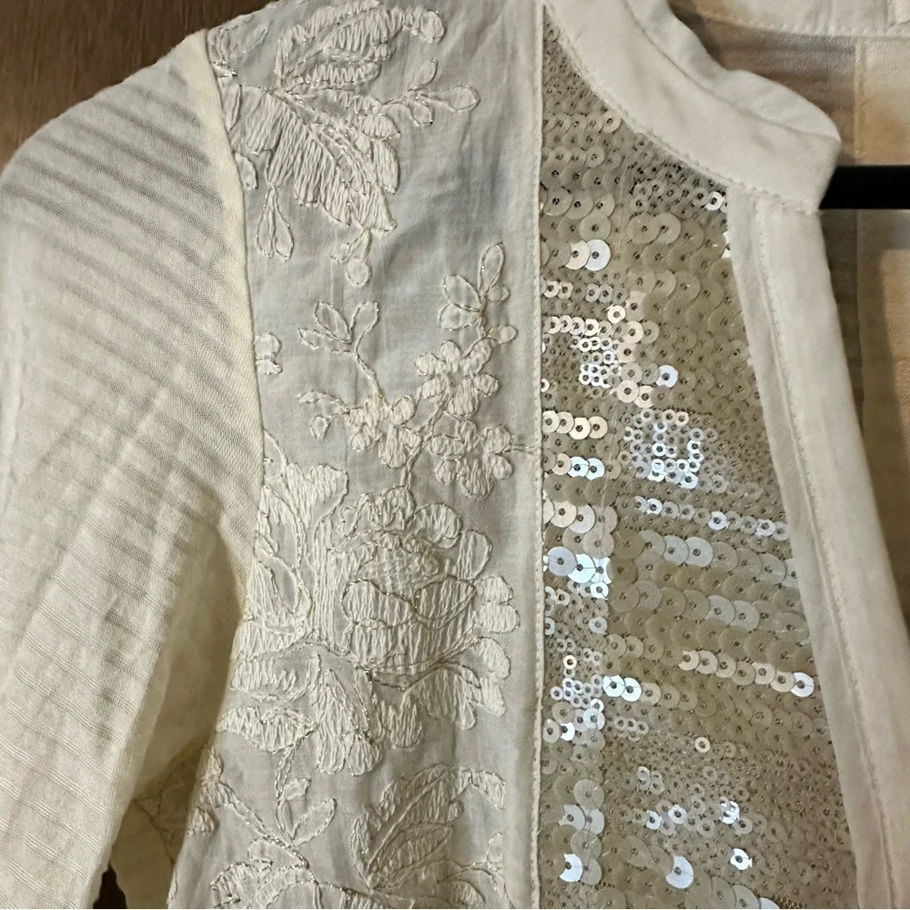Anthropologie Tiny Sequin Placket Button Down Top Ivory Cream Embroidered Sz S - Picture 6 of 13